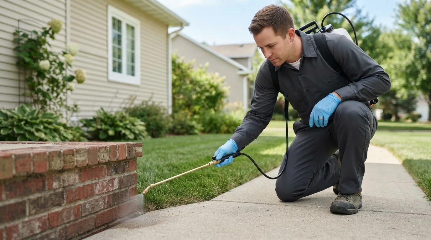 Pest control technician treating a home near Sussex, VA
